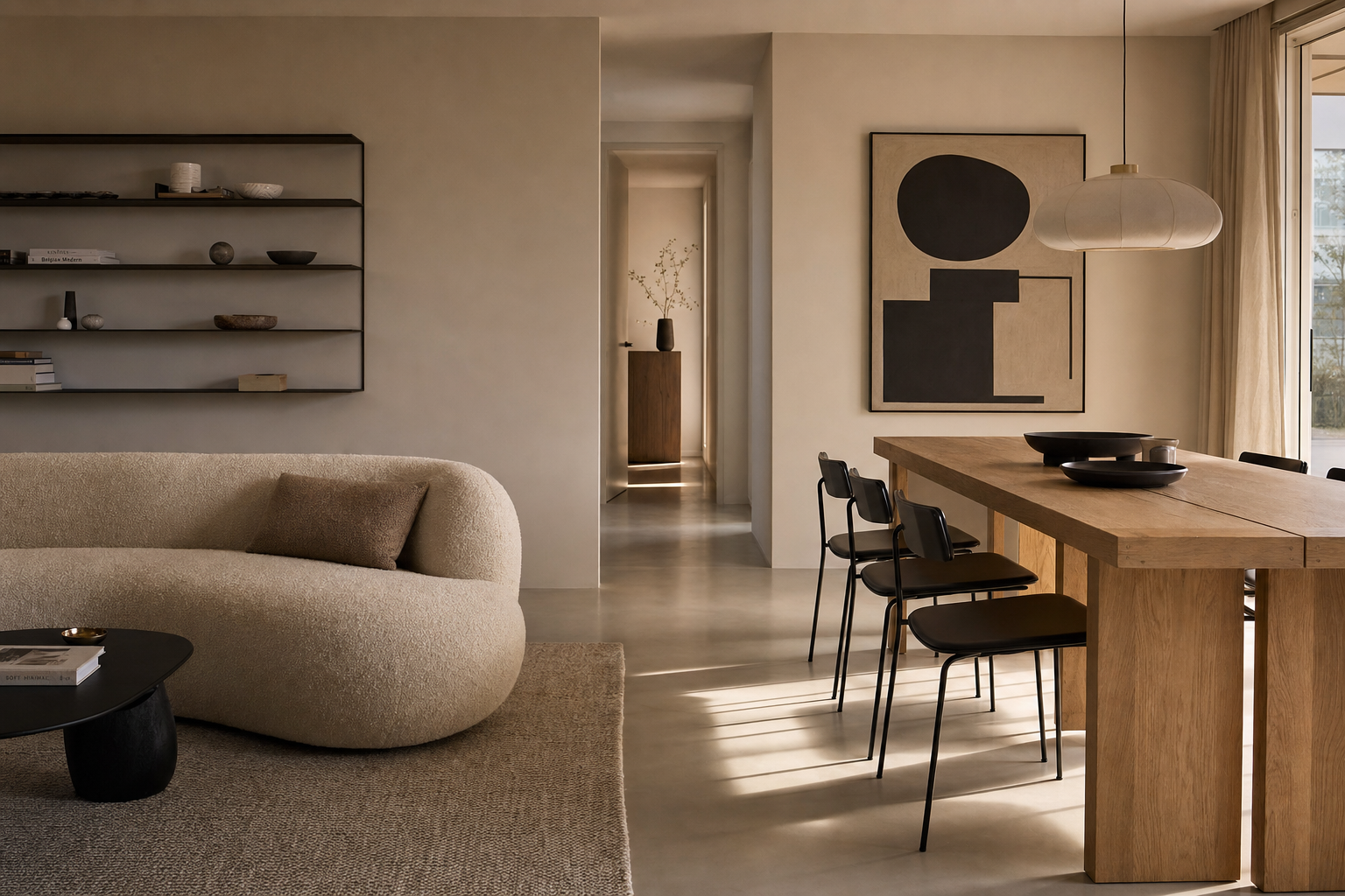Hoe combineer je een organische vorm bank met een rechte eettafel en strakke lijnen in je interieur zonder dat het rommelig oogt?